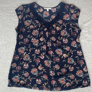 Navy Floral Print Blouse with Crochet Detail